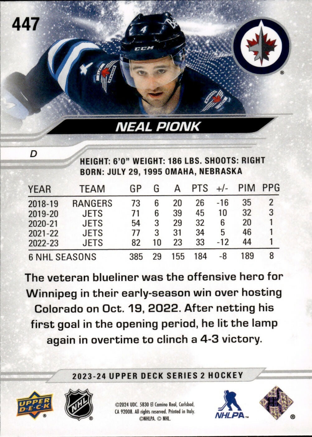 2023-24 Upper Deck Series 2 Hockey - Base #447 Neal Pionk - Winnipeg Jets