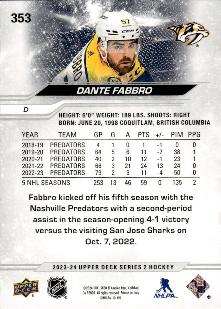 2023-24 Upper Deck Series 2 Hockey - Base #353 Dante Fabbro - Nashville Predators