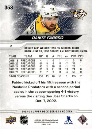 2023-24 Upper Deck Series 2 Hockey - Base #353 Dante Fabbro - Nashville Predators