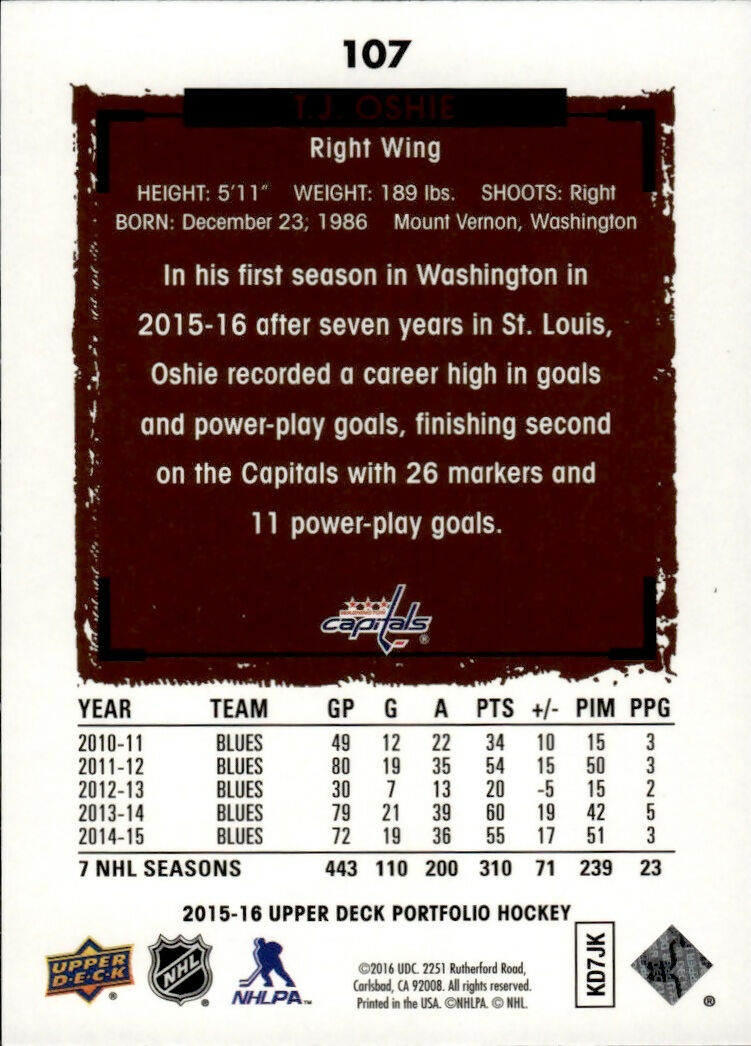 2015-16 Upper Deck Portfolio Hockey - Base #107 T.J. Oshie - Washington Capitals