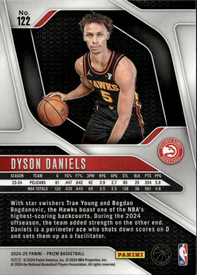 2024-25 Panini Prizm Basketball - Base #122 Dyson Daniels - Atlanta Hawks - B