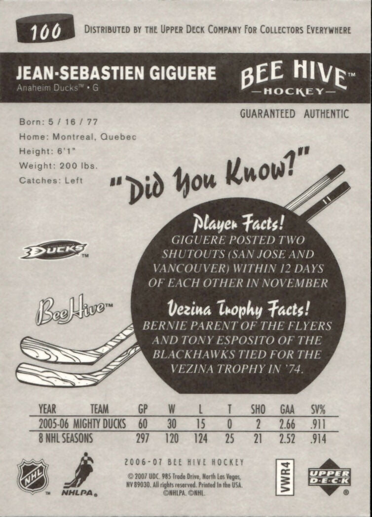 2006-07 Upper Deck - Bee Hive Hockey - Base #100 Jean-Sebastien Giguere - Anaheim Ducks - B