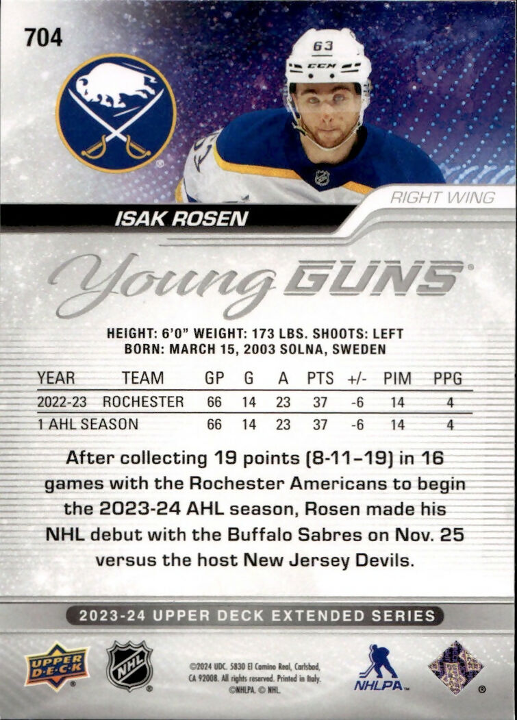 2023-24 Upper Deck Extended Series Hockey - Base - Young Guns #704 Isak Rosen - Buffalo Sabres - B