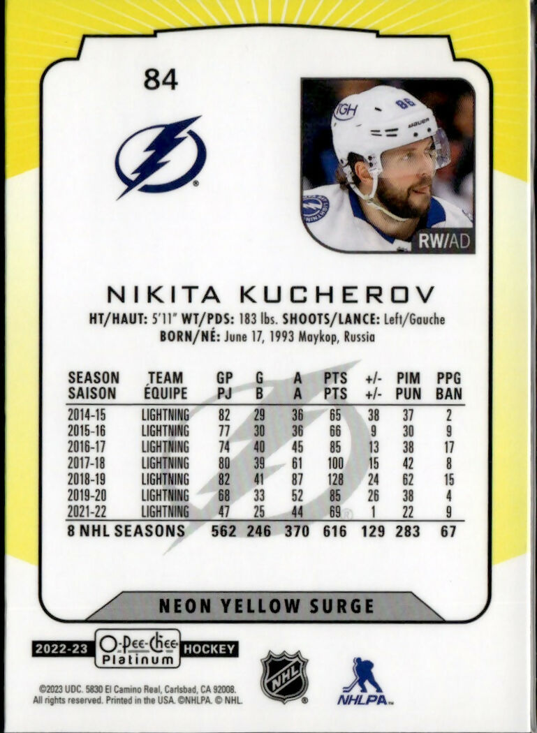 2022-23 Upper Deck O-Pee-Chee Platinum Hockey - Base - Neon Yellow Surge #84 Nikita Kucherov - Tampa Bay Lightning - B