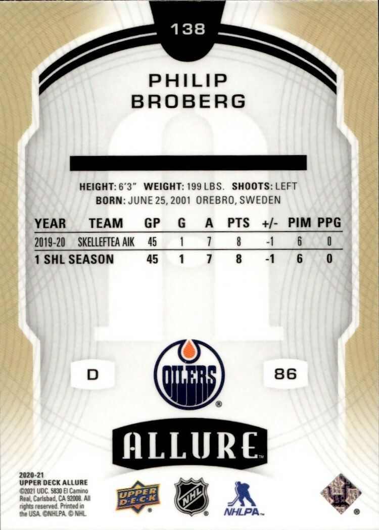 2020-21 Upper Deck Allure Hockey - Base Rookie SP #138 Philip Broberg - Edmonton Oilers - B