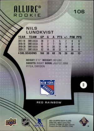 2021-22 Upper Deck Allure Hockey - Base - Rookie - Red Rainbow #106 Nils Lundkvist - New York Rangers - B