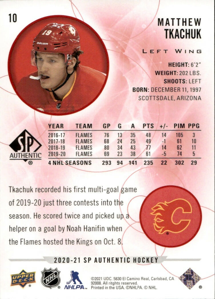 2020-21 Upper Deck Sp Authentic Hockey - Base - Red #10 Matthew Tkachuk - Calgary Flames - B