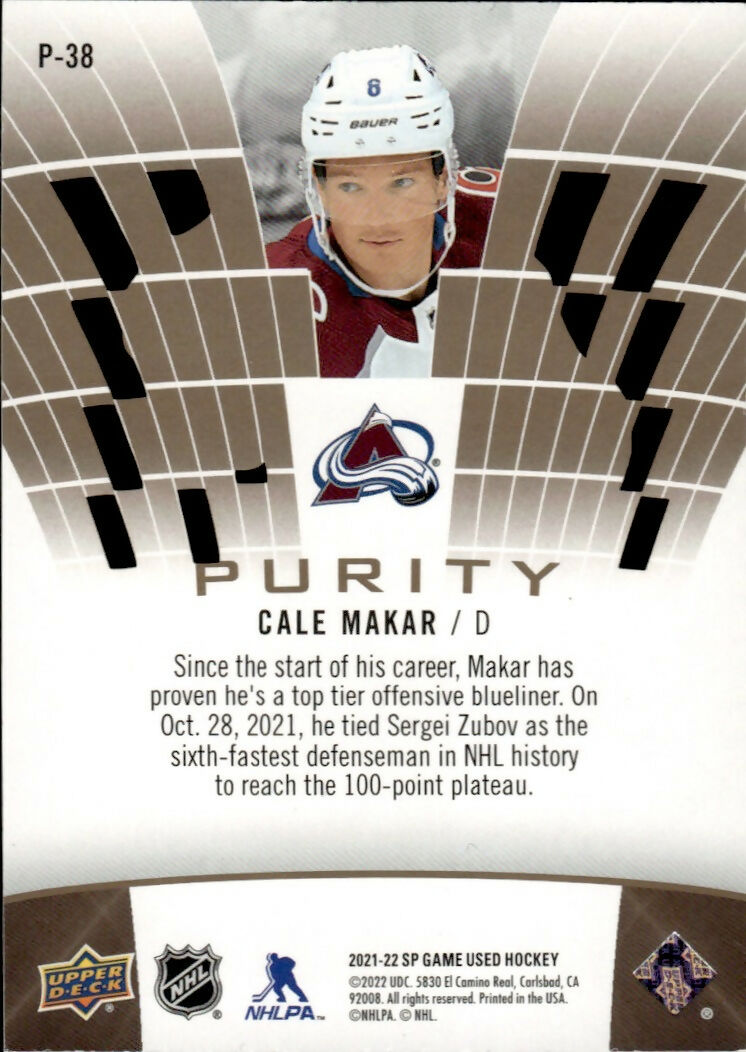 2021-22 Upper Deck SP Games Used Hockey - Purity /150 #P-38 Cale Makar - Colorado Avalanche