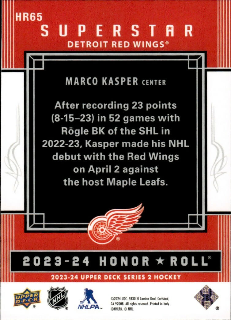 2023-24 Upper Deck Series 2 Hockey - Honor Roll - Superstars #HR65 Marco Kasper - Detroit Red Wings