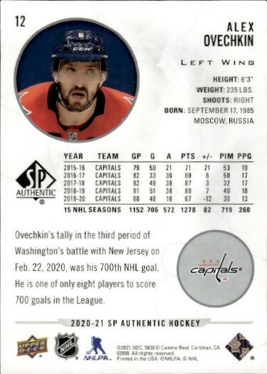 2020-21 Upper Deck Sp Authentic Hockey - Base #12 Alex Ovechkin - Washington Capitals