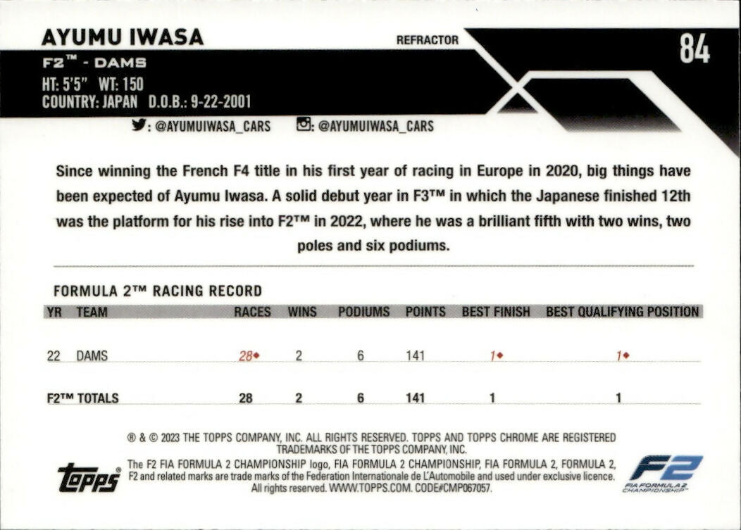 2023 Topps Chrome Formula 1 Base #84 - F2 Drivers - Refractor Ayumu Iwasa - F2 Dams - B