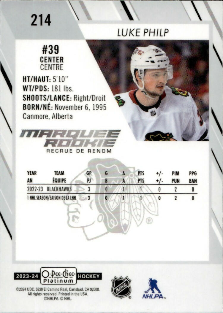 2023-24 Upper Deck O-Pee-Chee Platinum Hockey - Base - Marquee Rookie #214 Luke Philp - Chicago Blackhawks - B