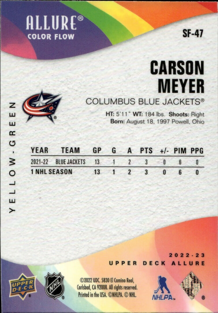 2022-23 Upper Deck Allure Hockey - Color Flow - Yellow-Green #SF-47 Carson Meyer - Columbus Blue Jackets - B