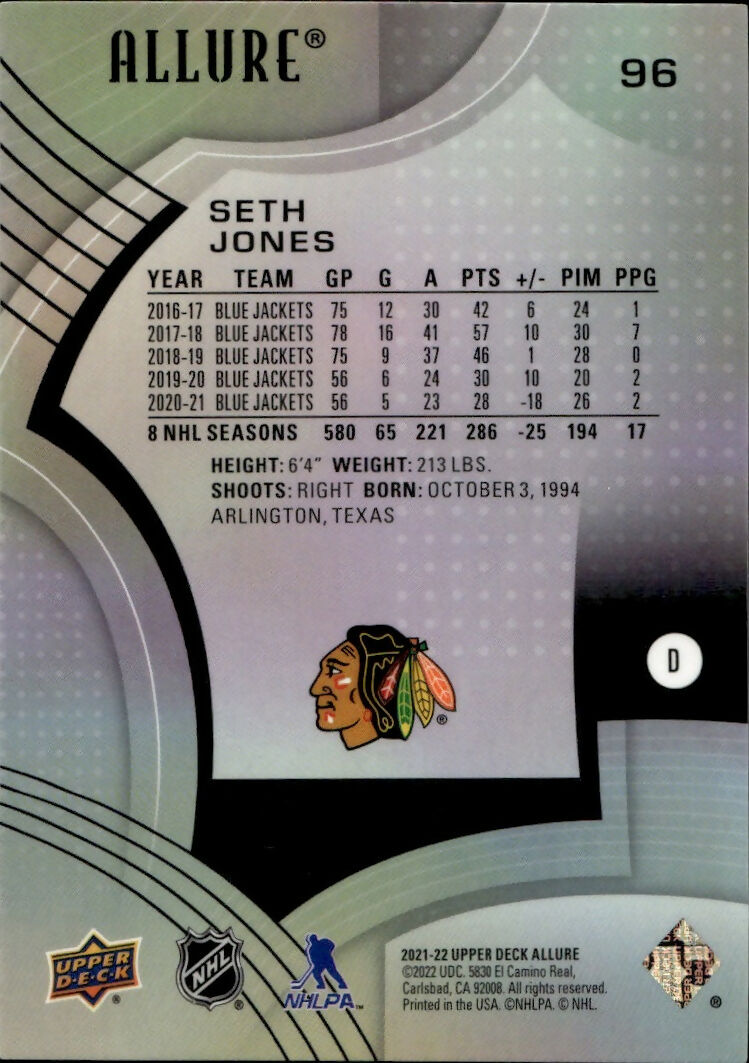 2021-22 Upper Deck Allure Hockey - Base #96 Seth Jones - Chicago Blackhawks - B