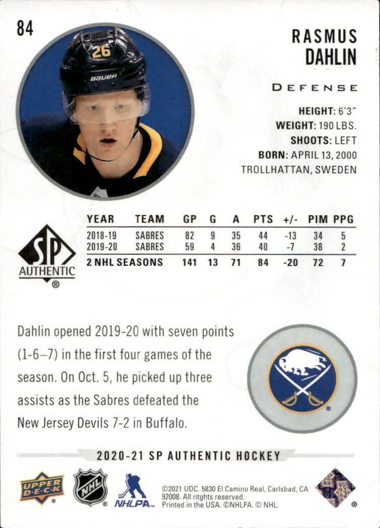 2020-21 Upper Deck Sp Authentic Hockey - Base #84 Rasmus Dahlin - Buffalo Sabres - B