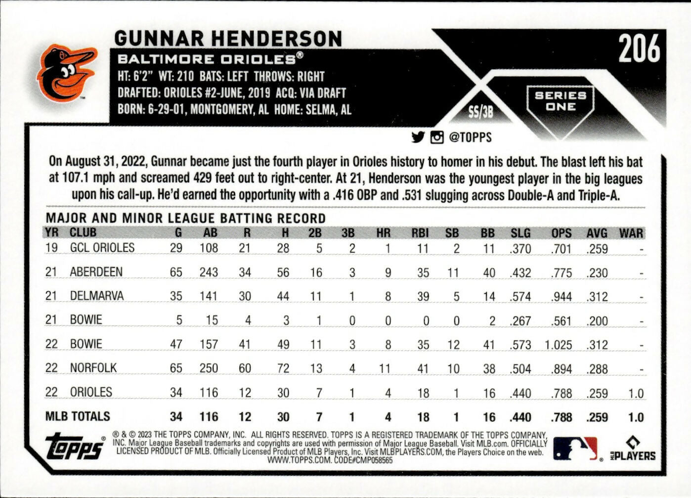 2023 Topps Series 1 Baseball - [Base] #206 Gunner Henderson - Baltimore Orioles - B
