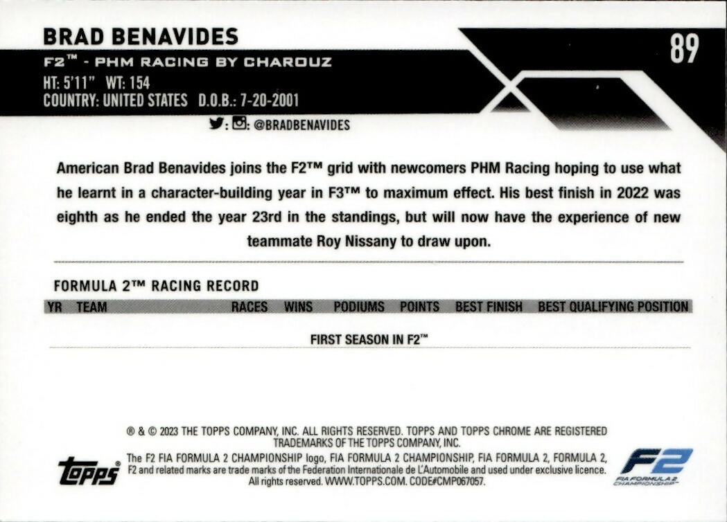 2023 Topps Chrome Formula 1 Base #89 - F2 Drivers - Refractor - Orange Red Brad Benavides - F2 PHM Racing By Charouz - B