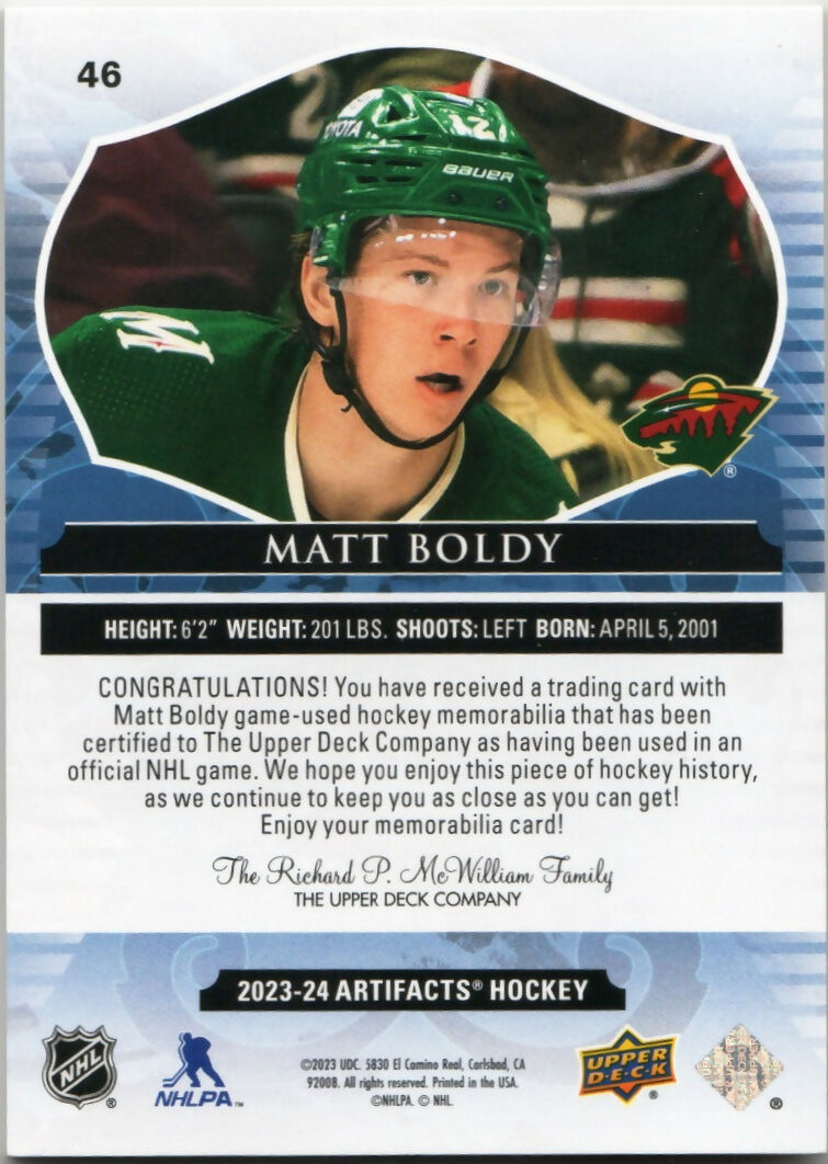 2023-24 Upper Deck Artifacts Hockey - Base - Emerald Material :65 #46 Matt Boldy - Minnesota Wild - B