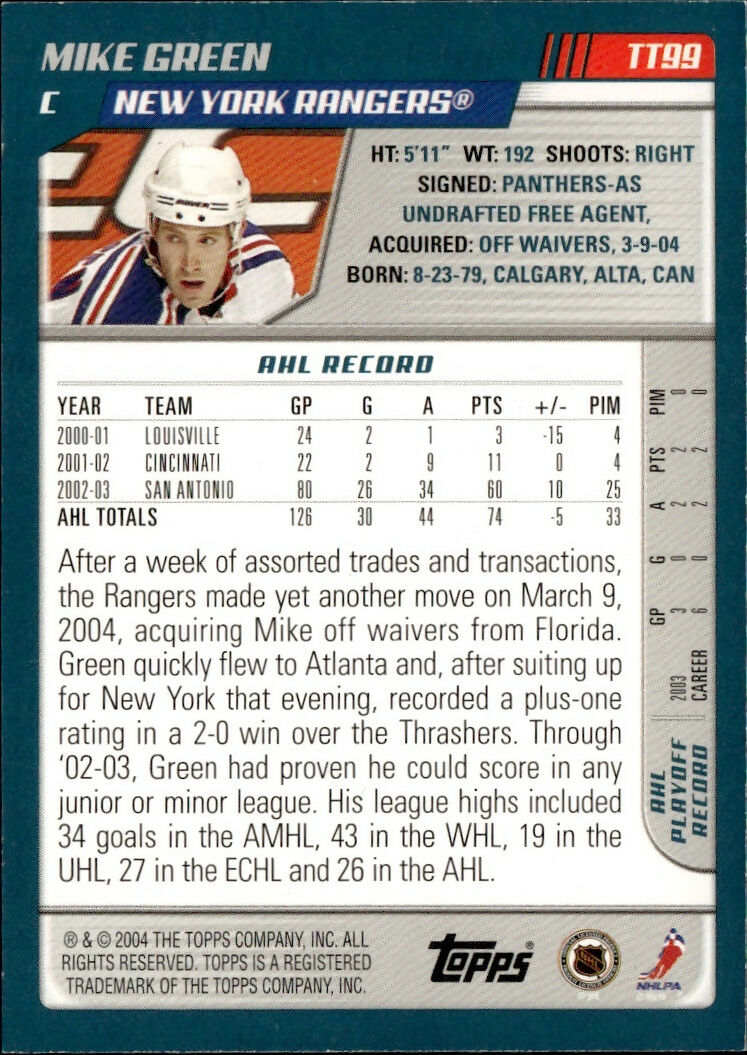 2003-04 Topps Traded - Base - Red :100 #TT99 Mike Green - New York Rangers - B