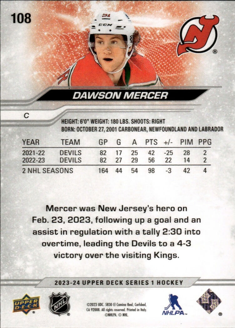 2023-24 Upper Deck Series 1 Hockey - Base #108 Dawson Mercer - New Jersey Devils