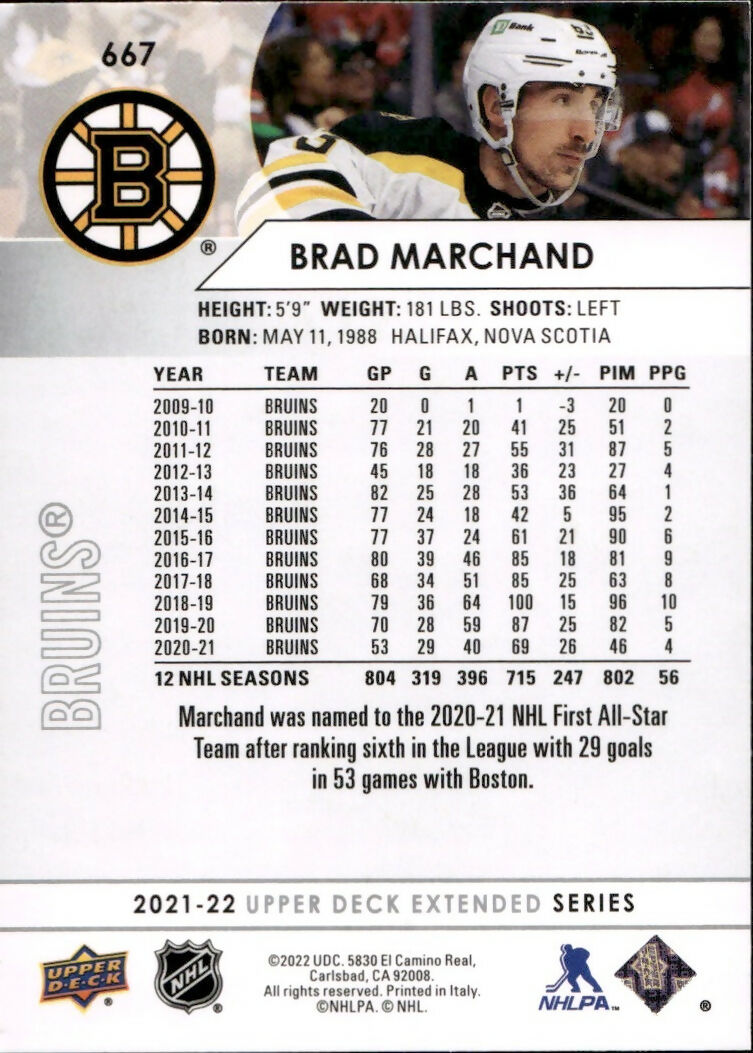2021-22 Upper Deck Extended Series Hockey - Base #667 Brad Marchand - Boston Bruins - B