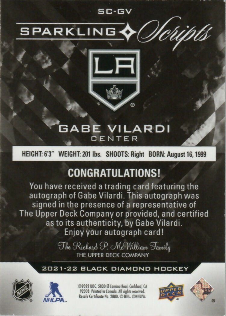 2021-22 Upper Deck Black Diamond - Sparkling Scripts #SC-GV Gabe Vilardi - Los Angeles Kings - B