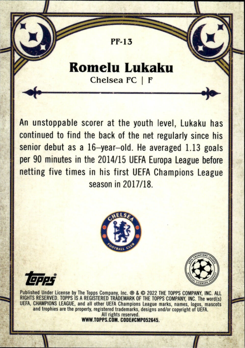 2021-22 Topps Merlin Collection Chrome UCL - Prophecy Fulfilled #PF-13 Romelu Lukaku - Chelsea FC