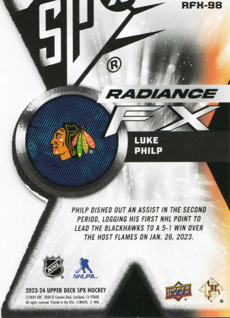 2023-24 Upper Deck SPX Hockey - Radiance F:X - Gold :99 #RFX-98 Luke Philp - Chicago Blackhawks - B