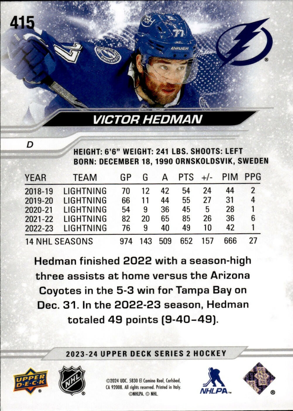 2023-24 Upper Deck Series 2 Hockey - Base #415 Victor Hedman - Tampa Bay Lightning