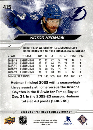 2023-24 Upper Deck Series 2 Hockey - Base #415 Victor Hedman - Tampa Bay Lightning