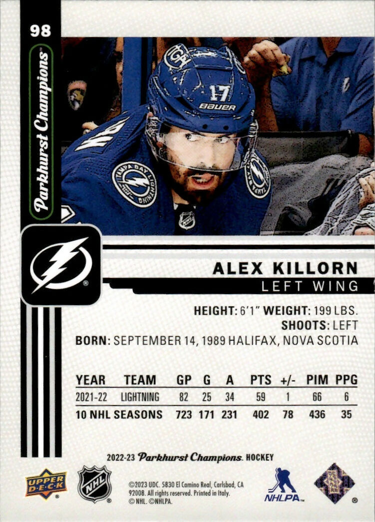 2022-23 Upper Deck Parkhurst Champions - Base #98 Alex Killorn - Tampa Bay Lightning