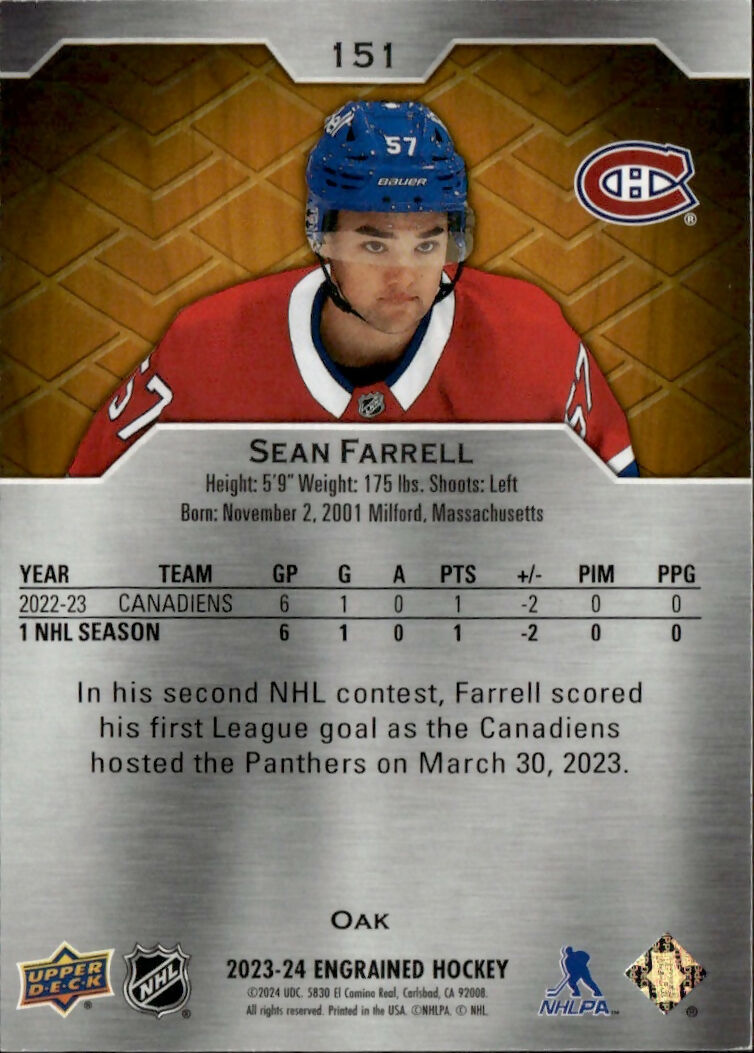 2023-24 Upper Deck Engrained Hockey - Base :399 #151 Sean Farrell - Montreal Canadiens - B