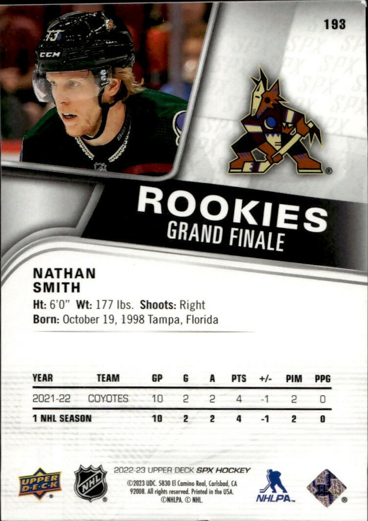 2022-23 Upper Deck SPX - Base - Grand Finale - Rookies #193 Nathan Smith - Arizona Coyotes - B