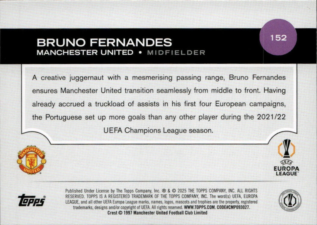 2024-25 Topps UEFA Club Competitions - Base #152 Bruno Fernandes - Manchester United - B