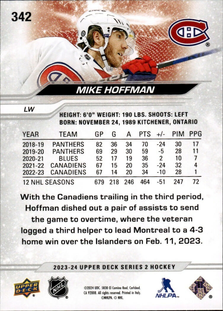 2023-24 Upper Deck Series 2 Hockey - Base #342 Mike Hoffman - Montreal Canadiens