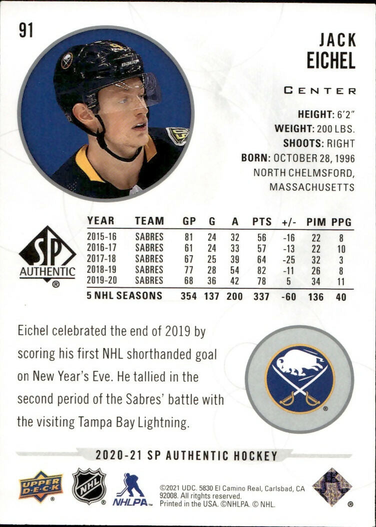 2020-21 Upper Deck Sp Authentic Hockey - Base #91 Jack Eichel - Buffalo Sabres - B