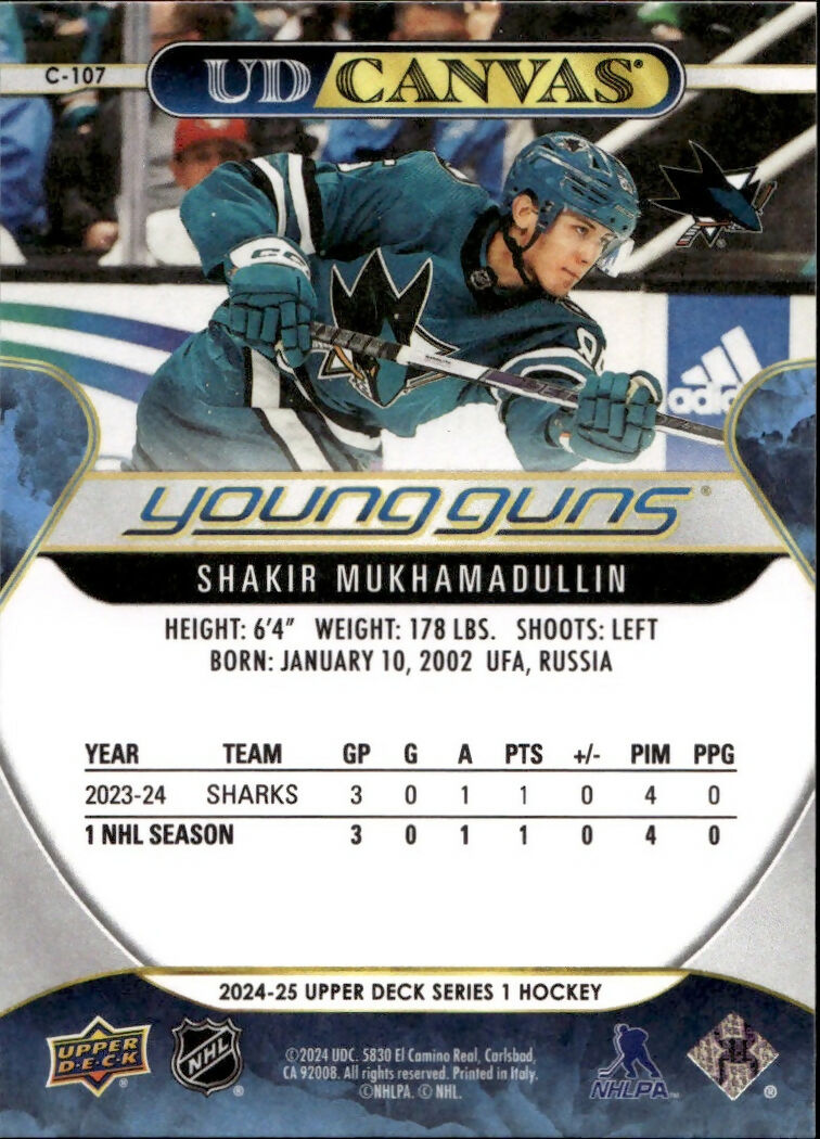 2024-25 Upper Deck Series 1 Hockey - UD Canvas - Young Guns #C-107 Shakir Mukhamadullin - San Jose Sharks - B
