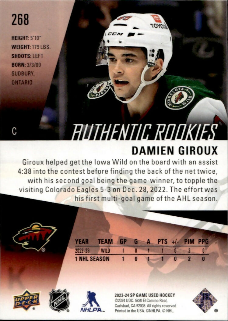 2023-24 Upper Deck SP Game Used Hockey - Base - Red - Authentic Rookies :223 #268 Damien Giroux - Minnesota Wild - B