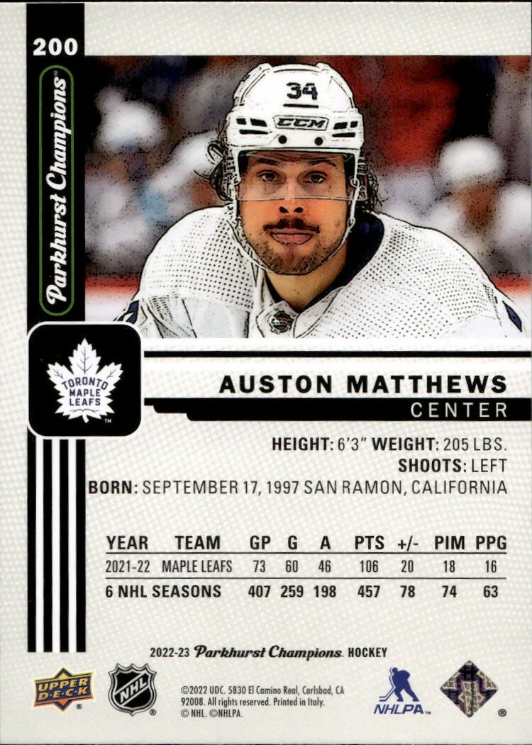 2022-23 Upper Deck Parkhurst Champions - Base #200 Auston Matthews - Toronto Maple Leafs - B