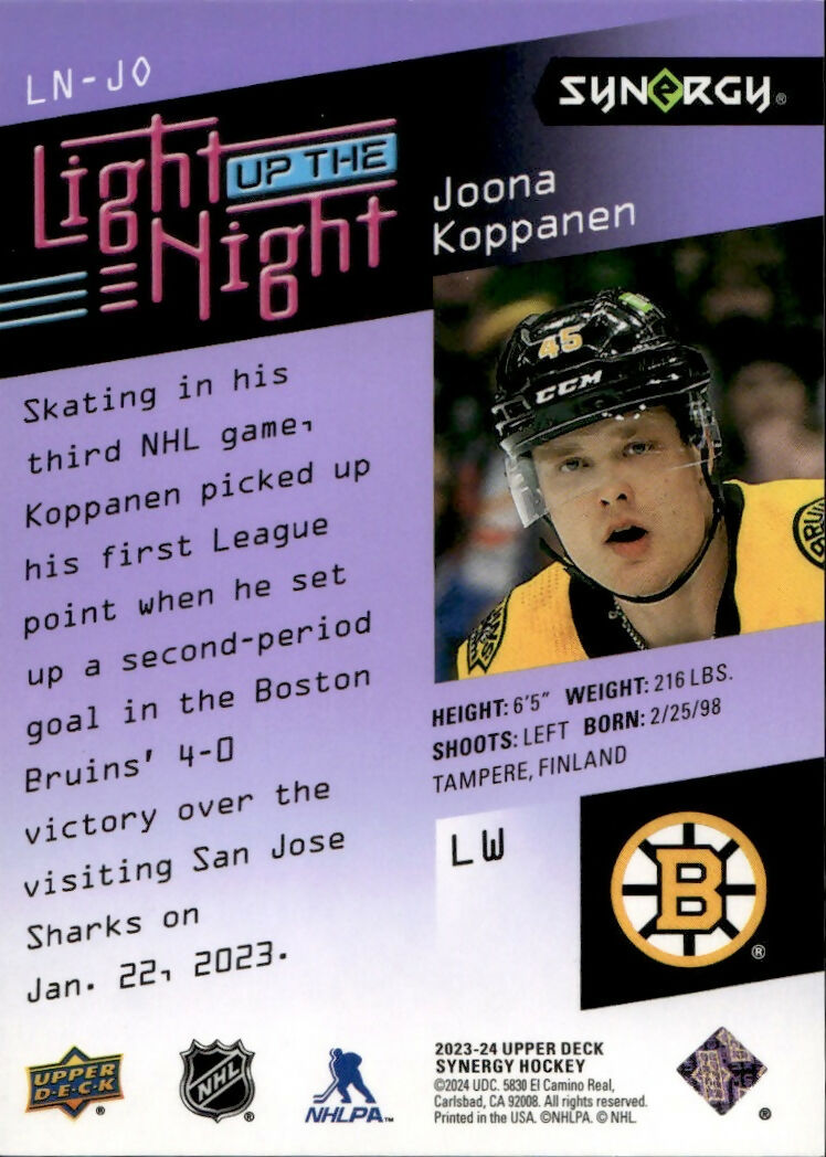 2023-24 Upper Deck Synergy Hockey - Light Up The Night Rookie :999 #LN-JO Joona Koppanen - Boston Bruins - B