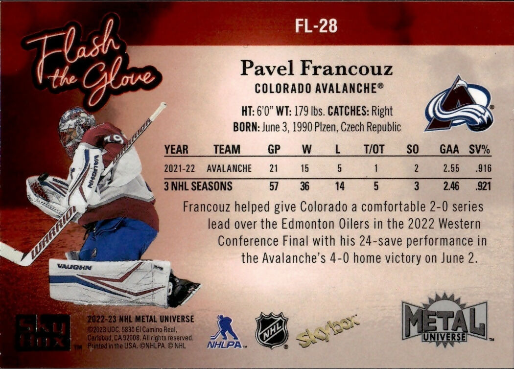 2022-23 Upper Deck Skybox Metal Universe - Flash The Glove #FL-28 Pavel Francouz - Colorado Avalanche - B