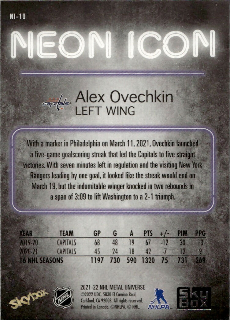 2021-22 Upper Deck Skybox Metal Universe Hockey - Neon Icon #NI-10 Alex Ovechkin - Washington Capitals - B