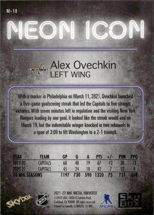 2021-22 Upper Deck Skybox Metal Universe Hockey - Neon Icon #NI-10 Alex Ovechkin - Washington Capitals - B