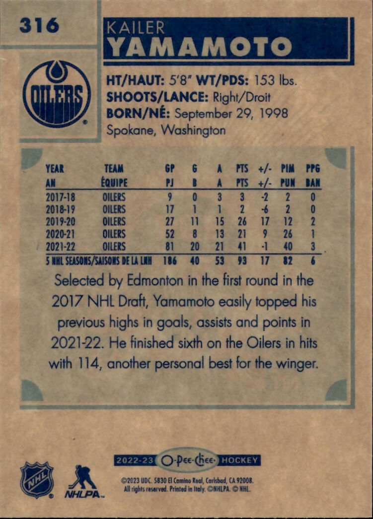 2022-23 Upper Deck O-Pee-Chee Hockey - Base - Retro #316 Kailer Yamamoto - Edmonton Oilers