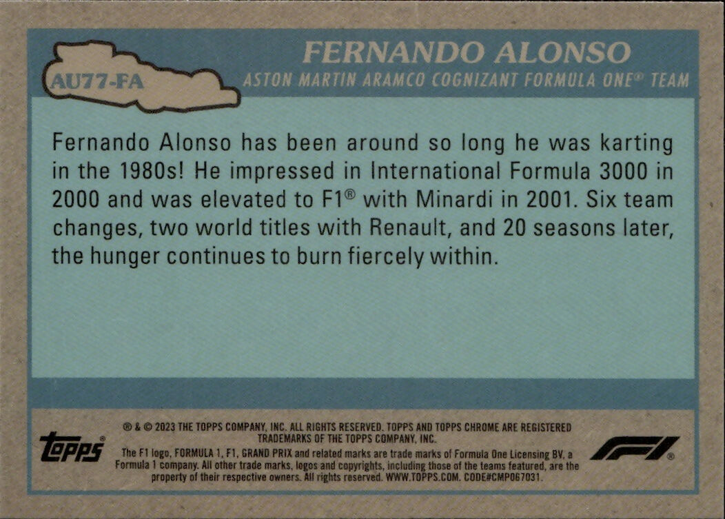2023 Topps Chrome Formula 1 Autos of 1977 #AU77-FA Fernando Alonso - Aston Martin Aramco Cognizant Formula One Team - B