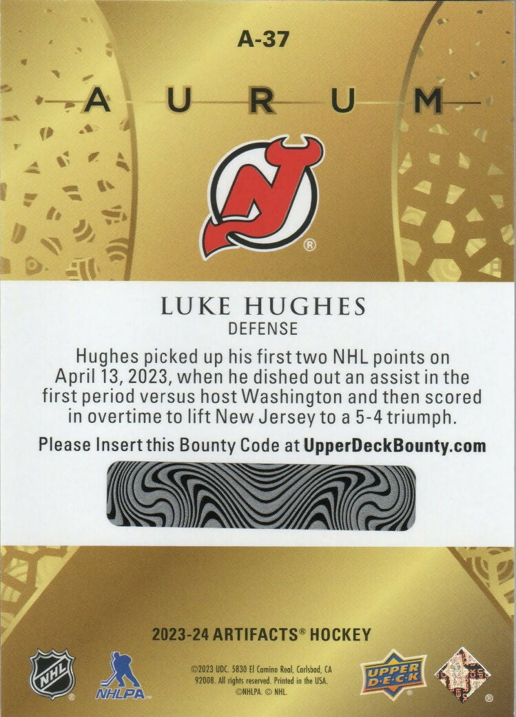 2023-24 Upper Deck Artifacts Hockey - Aurum - Rookie #A-37 Luke Hughes - New Jersey Devils