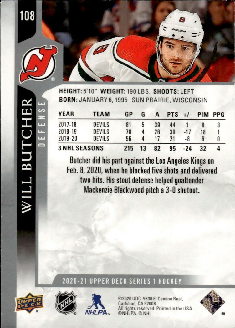 2020-21 Upper Deck Series 1 Hockey #108 Will Butcher - New Jersery Devils