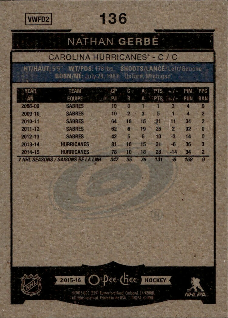 2015-16 Upper Deck O-Pee-Chee Hockey - Base #136 Nathan Gerbe - Carolina Hurricanes