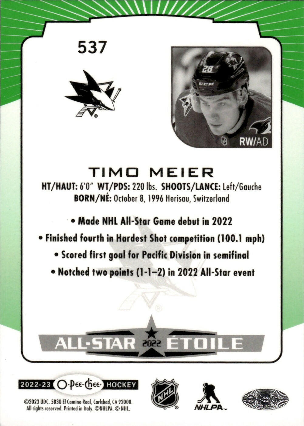 2022-23 Upper Deck O-Pee-Chee Hockey - All Star /35 #537 Timo Meier - San Jose Sharks