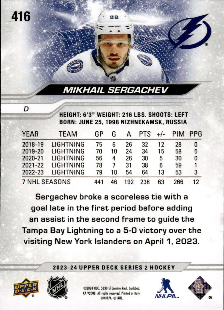 2023-24 Upper Deck Series 2 Hockey - Base #416 Mikhail Sergachev - Tampa Bay Lightning - B